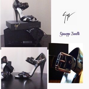 Giuseppe Zanotti  Dark Gray Patent Leather High Heel Sandals. Swarovski buckle